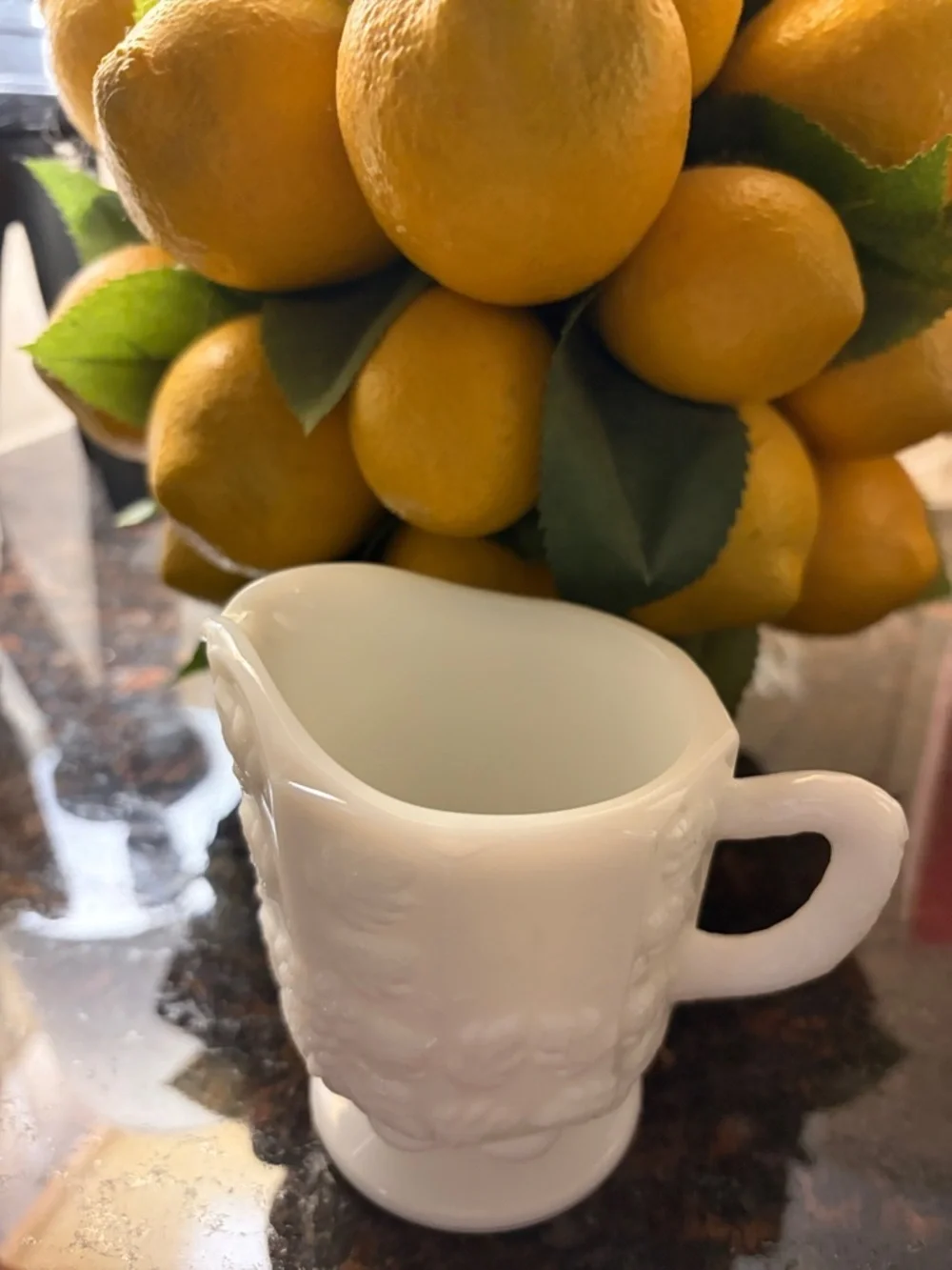 Westmorland paneled grape milk glass sugar and creamer set. Stamped.